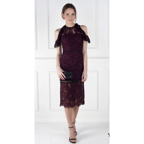 Alexis Evie Lace Sheath Burgundy Midi Dress Cold Shoulder Wine Medium - Picture 8 of 16